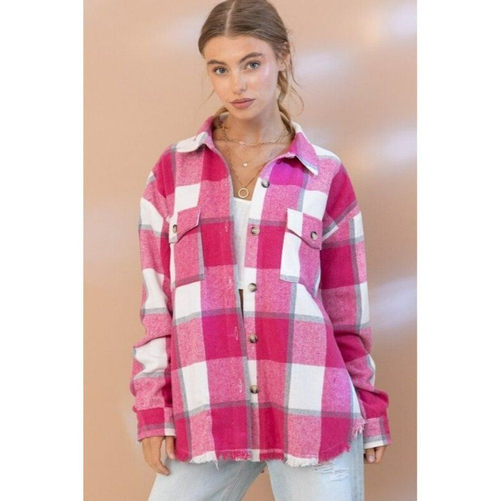 Blue B Hot Pink Frayed Plaid Flannel Shacket Button Up Shirt New S-L 32331J - Picture 8 of 8